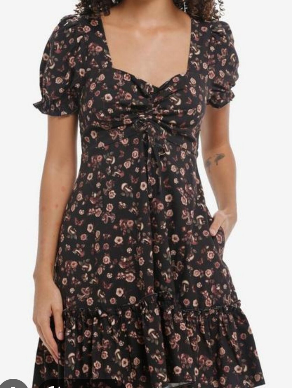 Thorn And Fable Black Floral Puff-Sleeve Mini Dress Xs